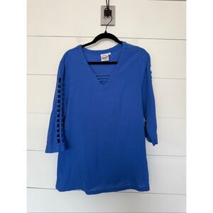 Cottonseed Women’s Medium Blue Cutout Lagenlook Artsy Top Blouse